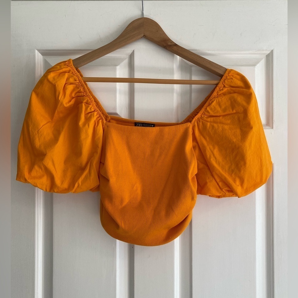Zara Women’s Cropped Bubble Sleeve Orange Top Size M